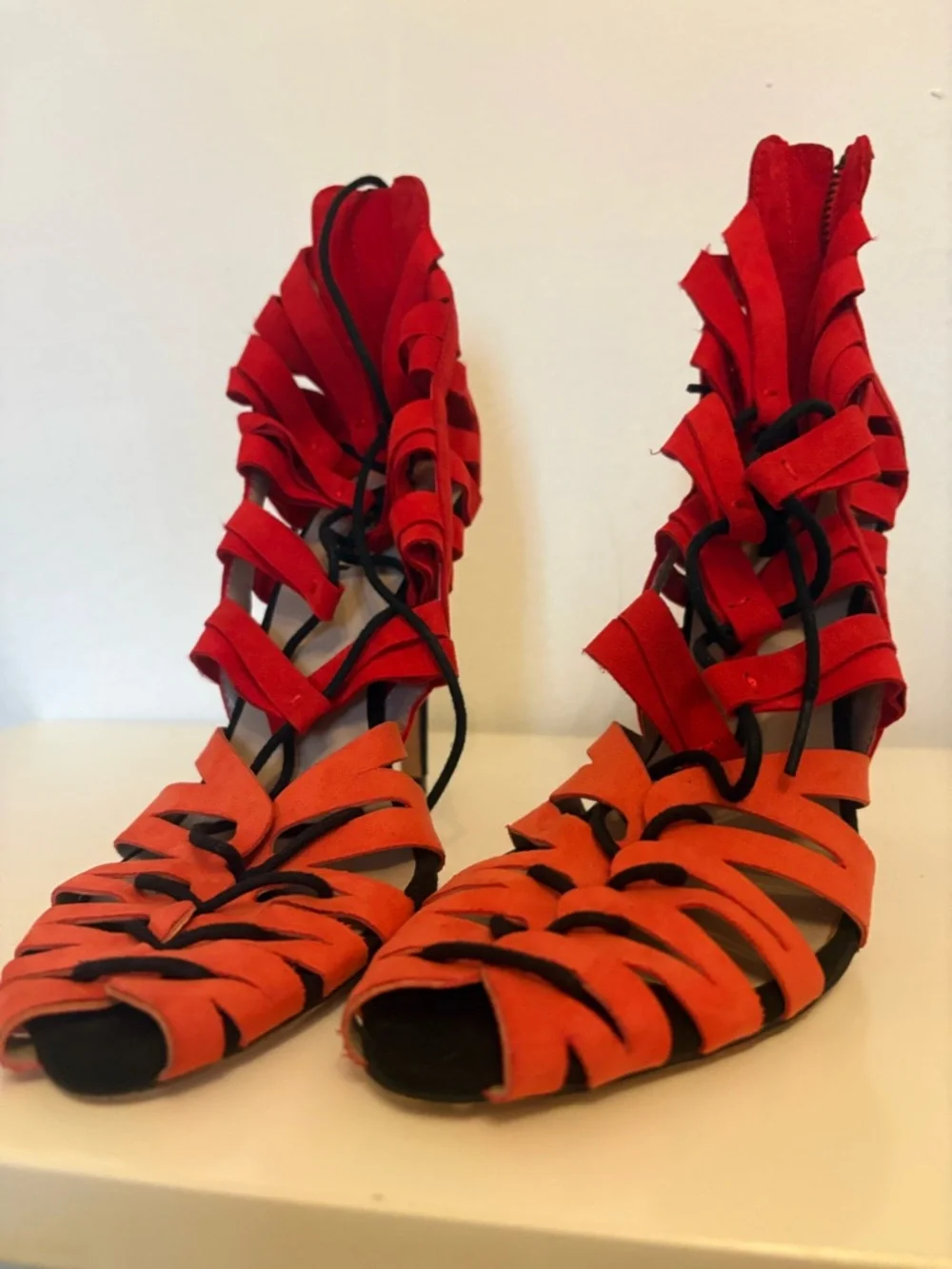 Zara Red and Orange Suede Lace-Up Stiletto Sandals - Picture 2 of 5